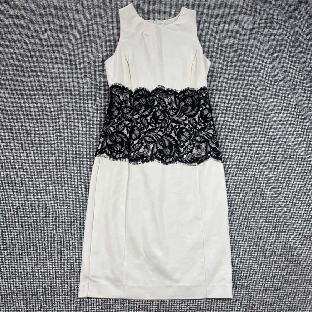 Boston Proper Womens Cream Black Lace Waist Sheath Dress Size 4 Sleeveless Knee